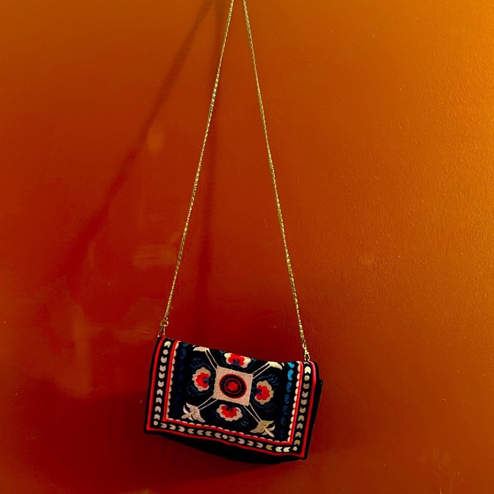 Hand Embroidered (Red Gold Blue)Clutch Bag Floral Purse Black Velvet Chain Sling